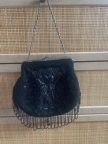 Black beaded fringed evening - beaded,